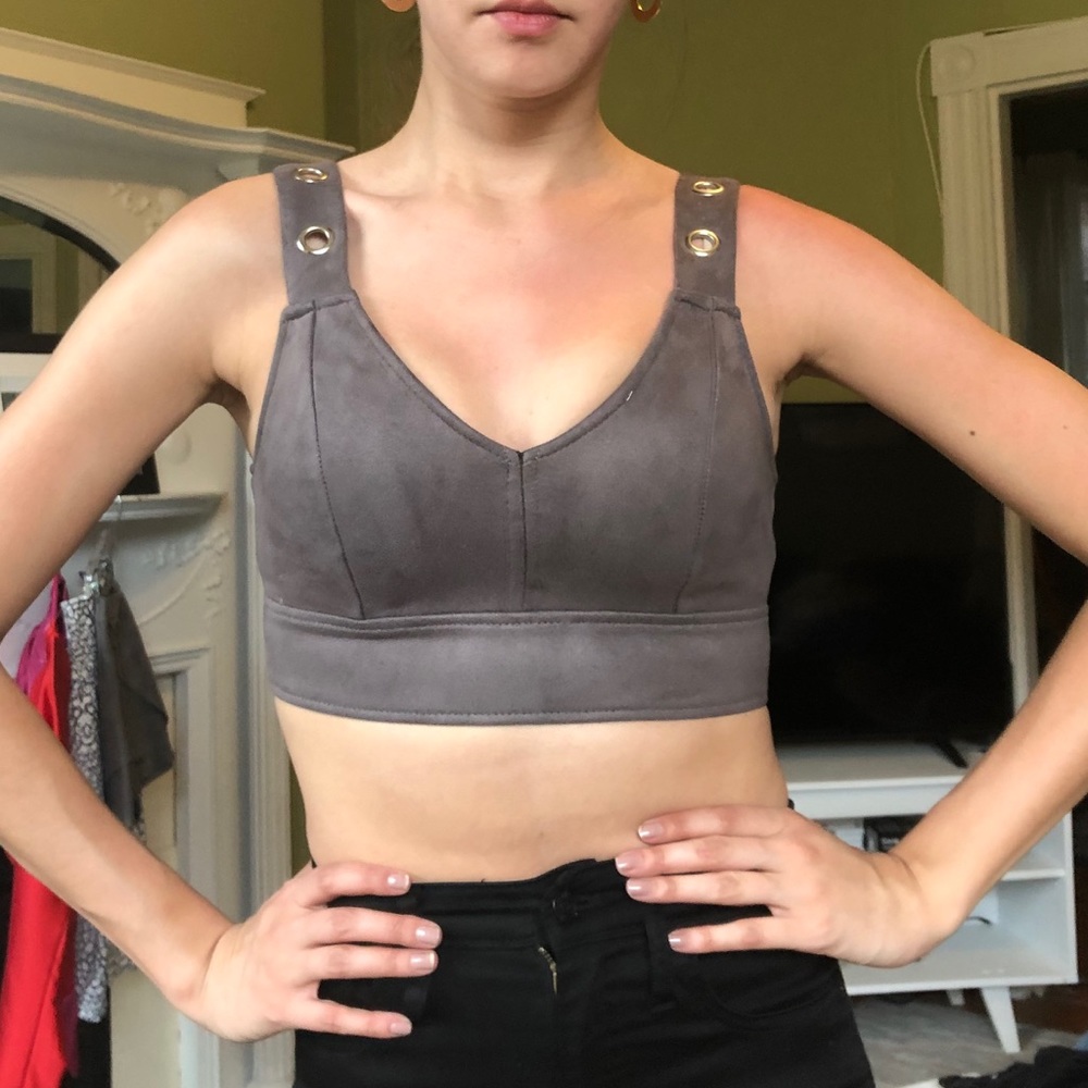 Gray suede crop top with eyelet detailing